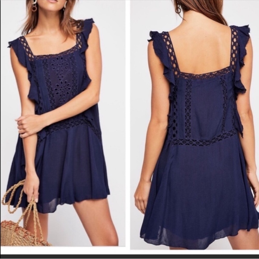 FREE PEOPLE Priscilla Raw Hem Dress Tunic Sleeveless Eyelet Accents Navy Blue